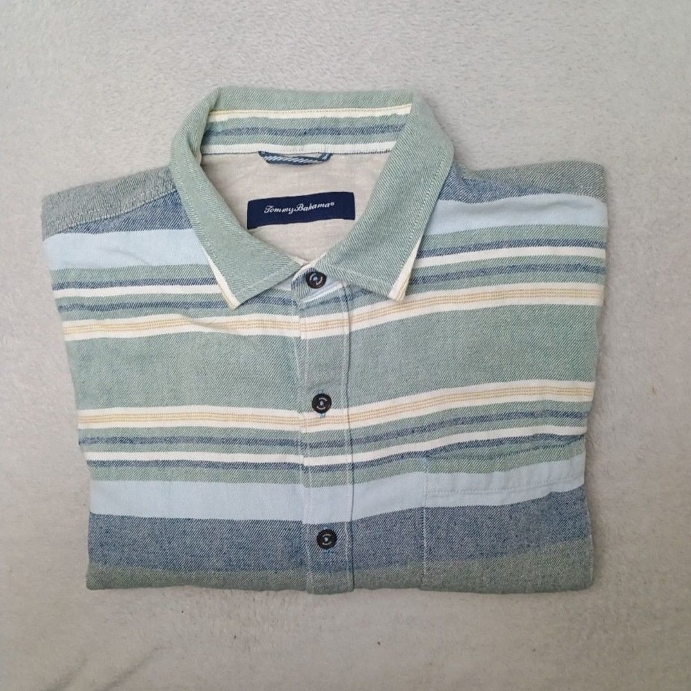 Tommy Bahama Shirt Mens L Green Striped Button-Up Cotton Flannel Pockets Work